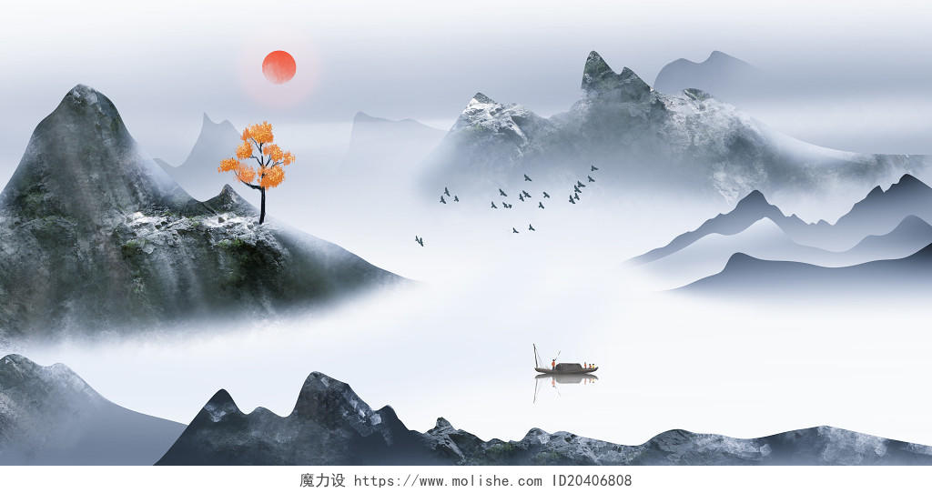 新中式水墨山水风景原创插画素材